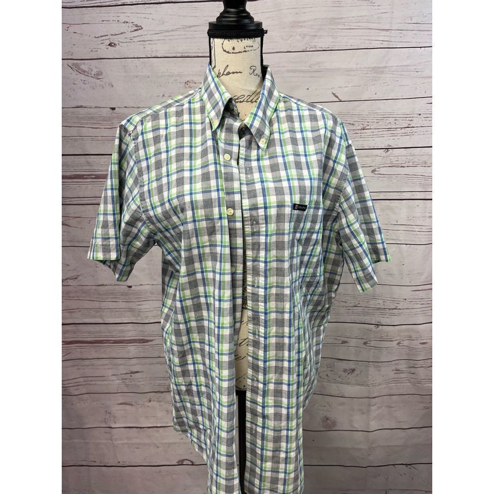 Chaps Mens Large Short Sleeve Plaid Button‎ Down Shirt Green Blue Easy Care